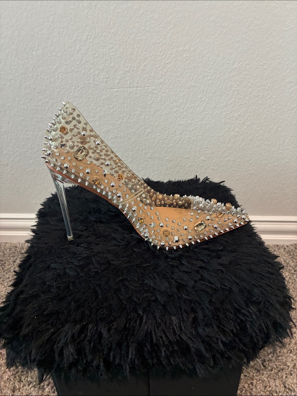 AKIRA Clear Pointed Stiletto Pump with Silver Studs